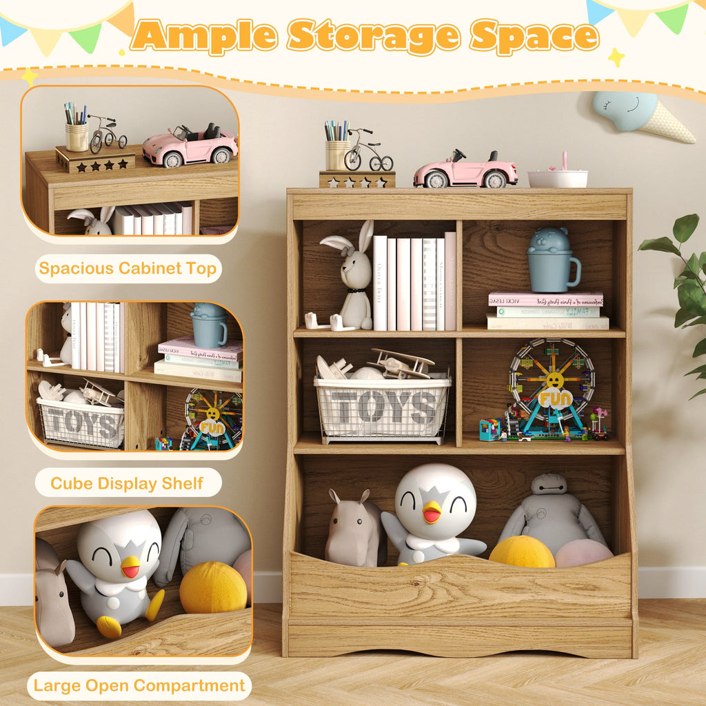3-Tier Children's Multi-Functional Bookcase Toy Storage Bin Floor Cabinet-Natural