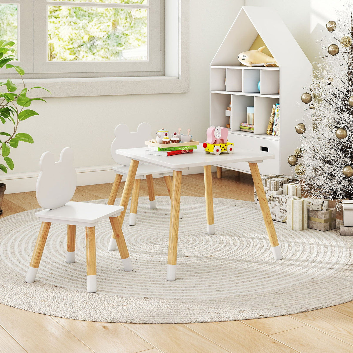 3 Pieces Kids Wooden Table and Chair Set with Cute Froggy Design-White