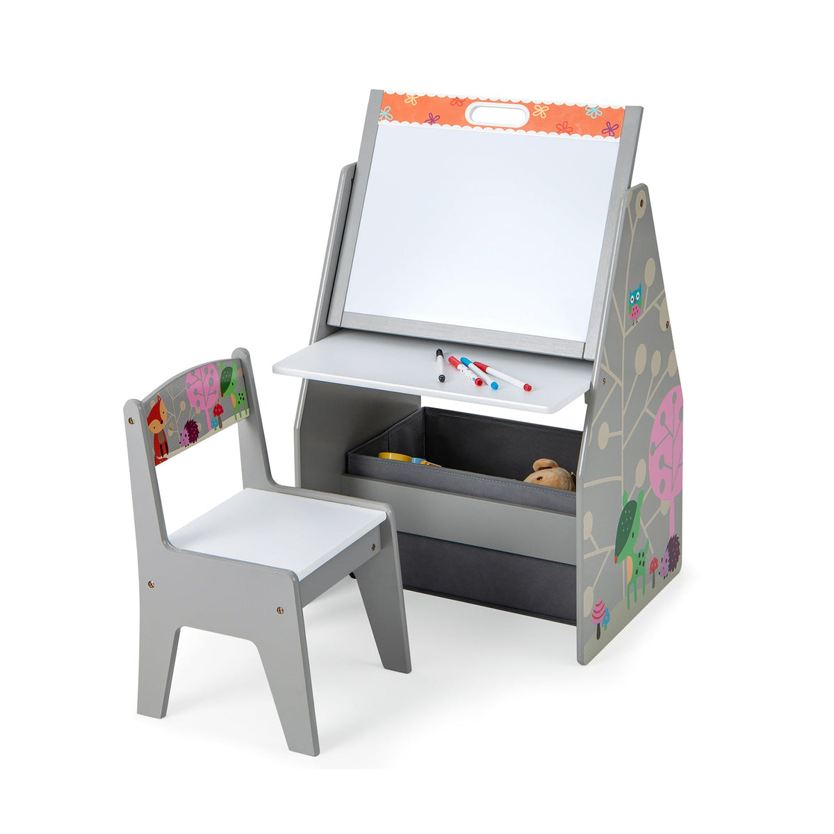 3 in 1 Kids Easel and Play Station Convertible with Chair and Storage Bins