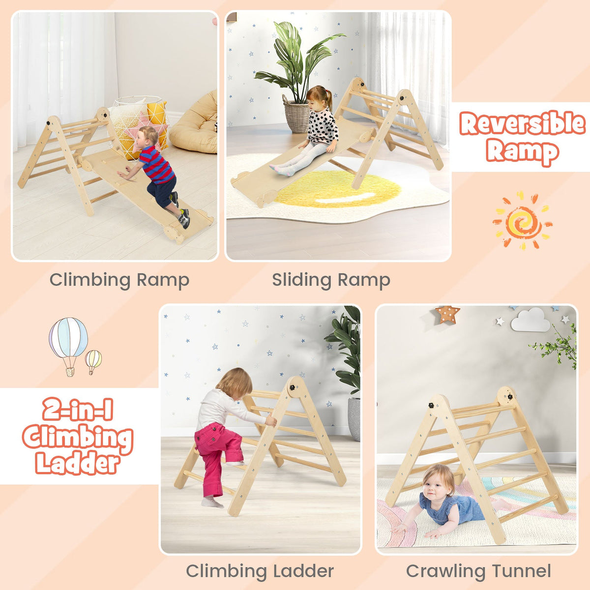 3-in-1 Climbing Set Foldable and Adjustable Kids Triangle Set-Natural