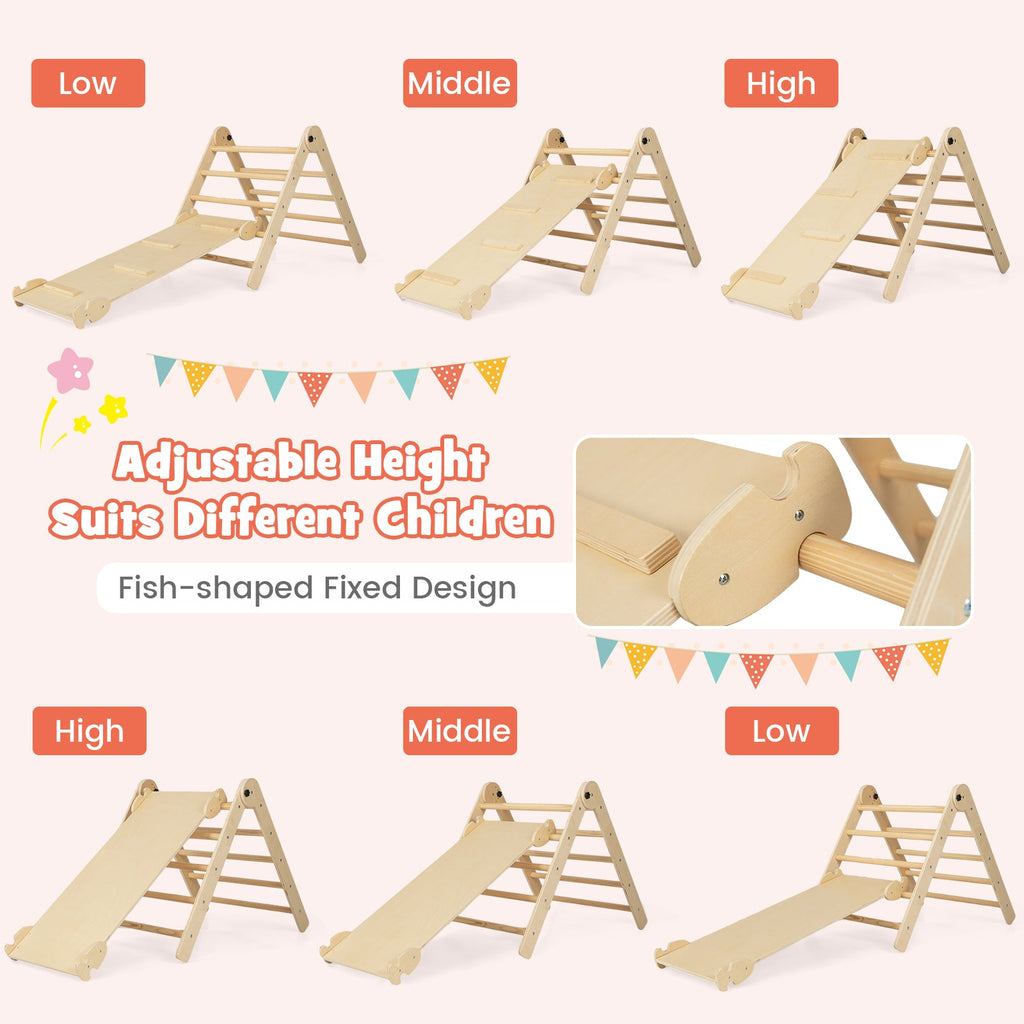 3-in-1 Climbing Set Foldable and Adjustable Kids Triangle Set-Natural
