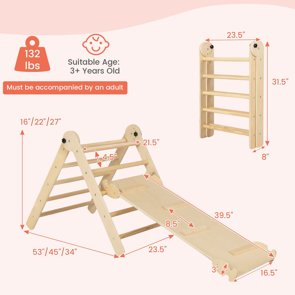 3-in-1 Climbing Set Foldable and Adjustable Kids Triangle Set-Natural