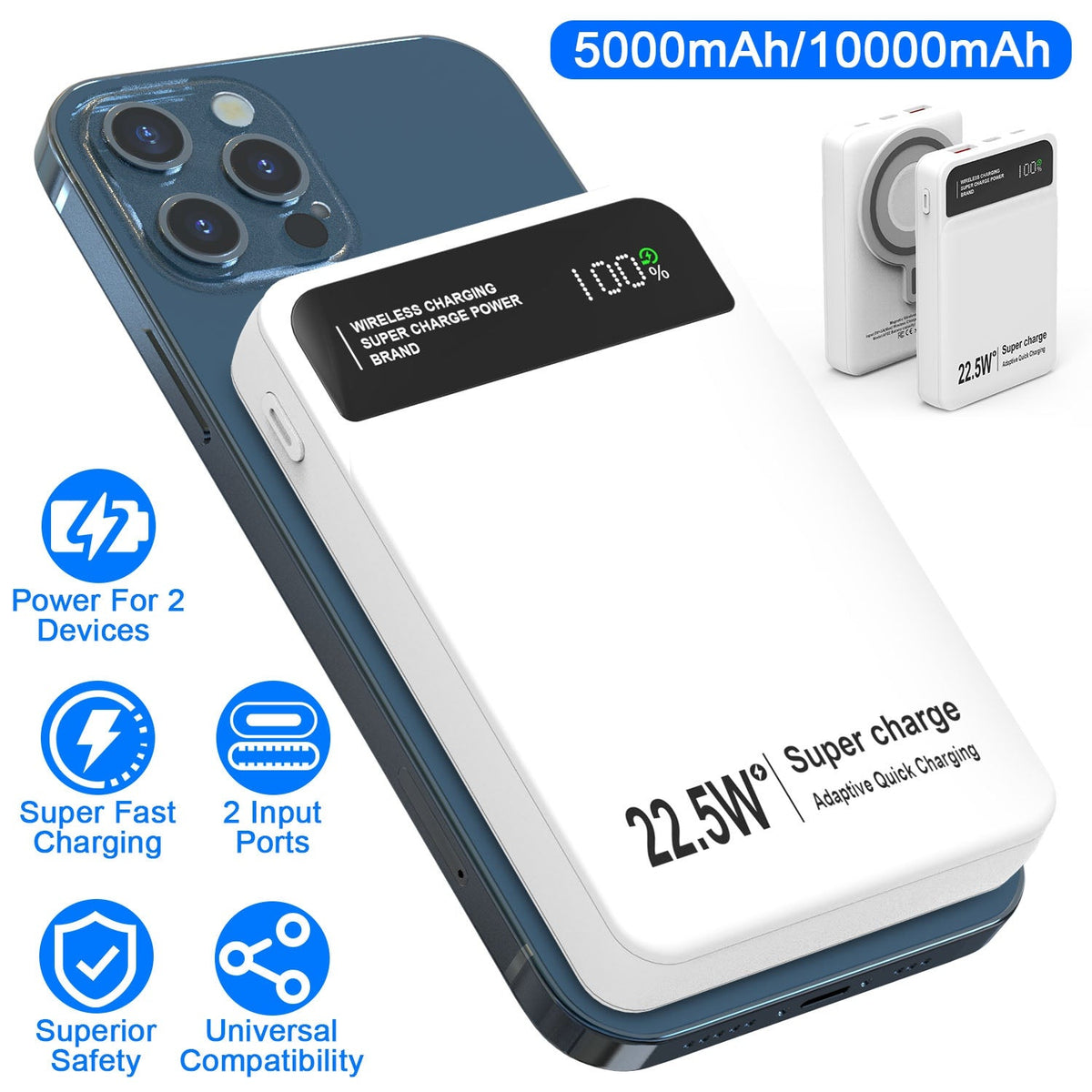 10000mAh Magsafe 3 In 1 Portable Charger PD22.5W Magnetic Fast Charger Fast Charging Power Bank Fit For IOS Phone 15/14 Samsung Galaxy S24 And More