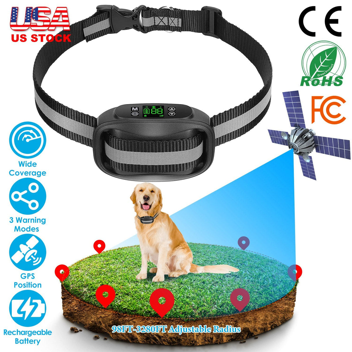 Wireless GPS Dog Fence Rechargeable IPX7 Waterproof Electric Dog Collar 98-3280FT Radius Pet Containment System Outdoor for Small Medium Large Dogs