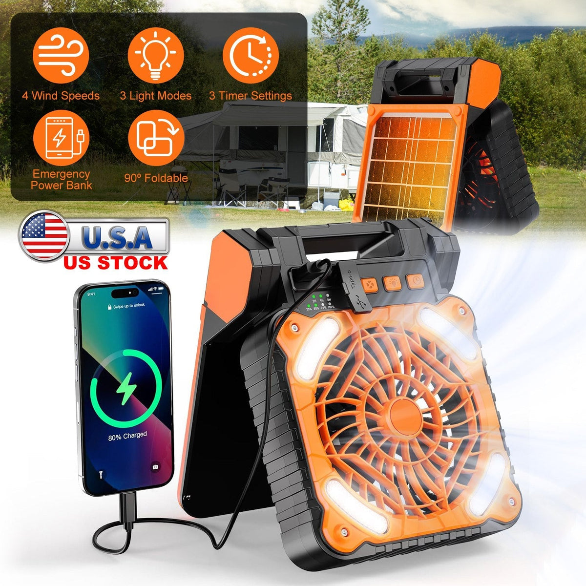 Solar Camping Fan With LED Lantern 5200mAh Rechargeable Battery Operated Portable Fan with Emergency Power Bank 4 Wind Speeds 3 Light Modes 3 Timers f
