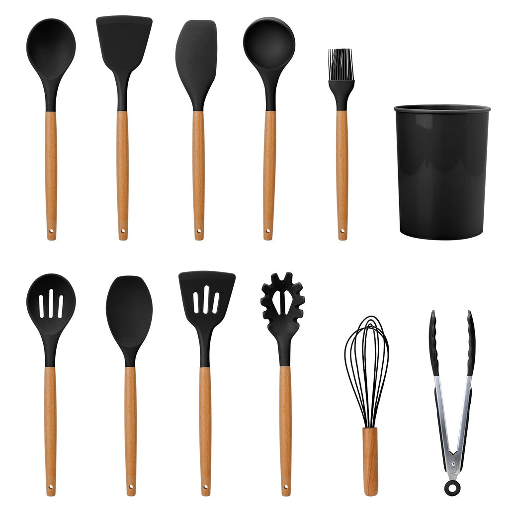 11PCS Silicone Utensil Set – Heat-Resistant with Wooden Handles & Holder