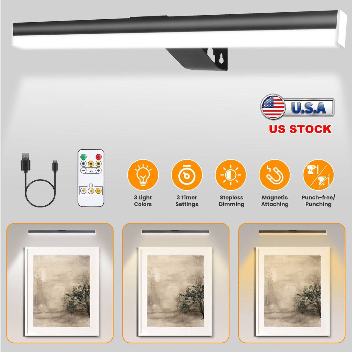 Wireless Picture Light Magnetic Art Display Light Dimmable Rechargeable Library Gallery Light with 3 Light Colors 3 Timer Settings Remote Control Punc
