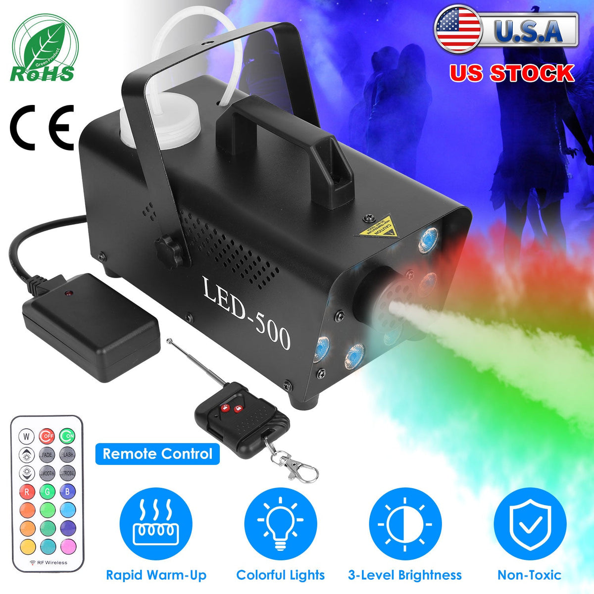 500W Fog Machine 2000CFM Colorful Smoke Machine with 8Pcs LEDs 5 Lighting Effects 3-Level Brightness