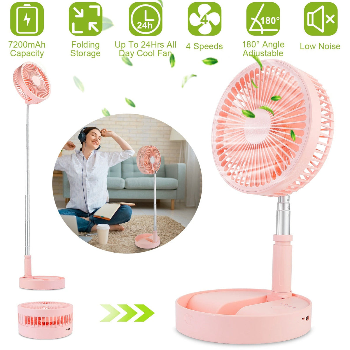 Portable Folding Desk Table Fan Quiet USB Rechargeable Telescopic Standing Floor Fan w/ 4 Speeds Adjustable Height 180¡ Tilting Angle For Office Home