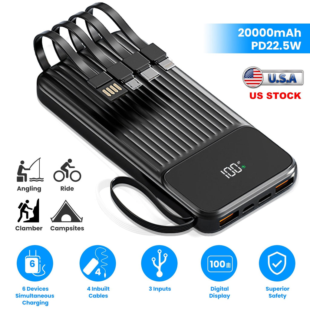 PD22.5W Fast Charger 20000mAh Fast Charging Power Bank Portable Charger with 4 Inbuilt Cables Digital Display Handle Fit For IOSPhone 15/14 Android An