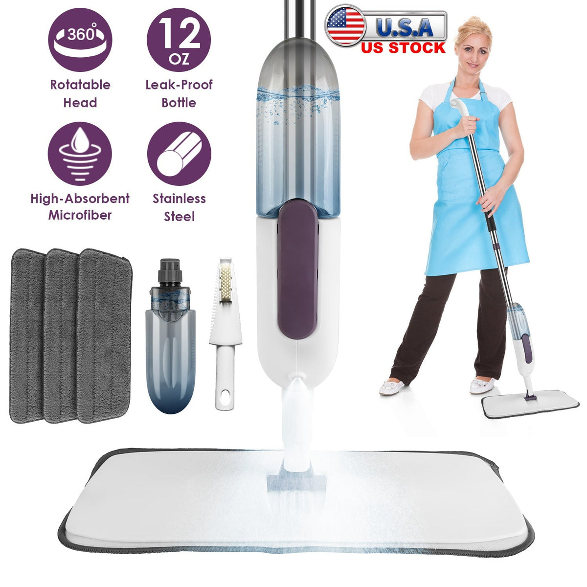 Spray Mop With 3 Machine Washable Microfiber Pads 12OZ Refillable Water Bottle Wet Dry Use Microfiber Mop For Hardwood Ceramic Tiles Laminate Floor Cl