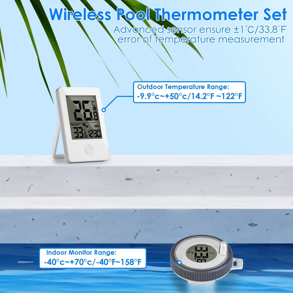Wireless Floating Pool Thermometer With Easy Reading Digital Indoor Monitor IP68 Waterproof 196FT Transmission Range For Swimming Pool Ponds Aquarium