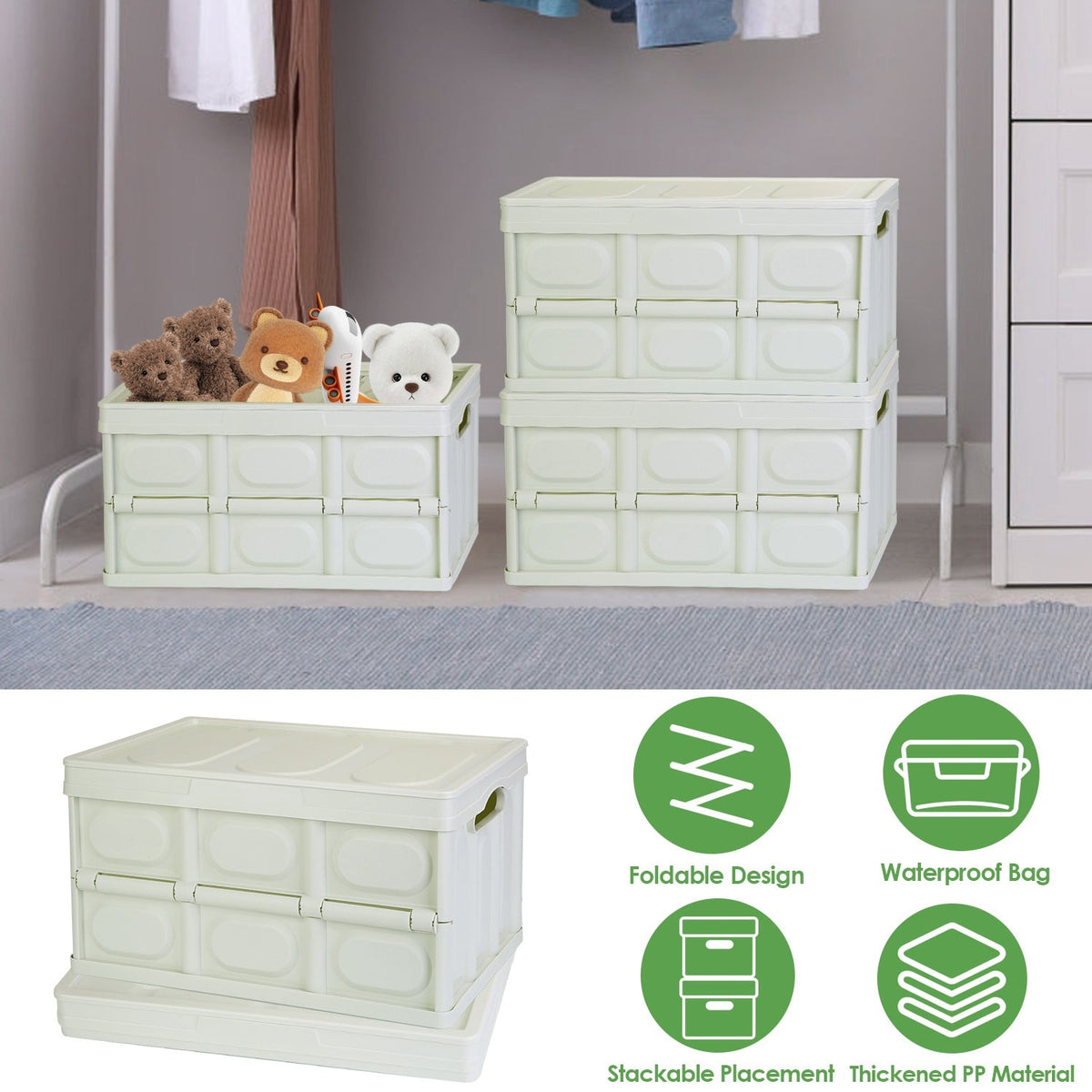 2Pcs 30L Collapsible Storage Bins With Dustproof Lid Waterproof Interior Bag Handle Stackable Storage Box Container Utility Organizer Crate For Campin