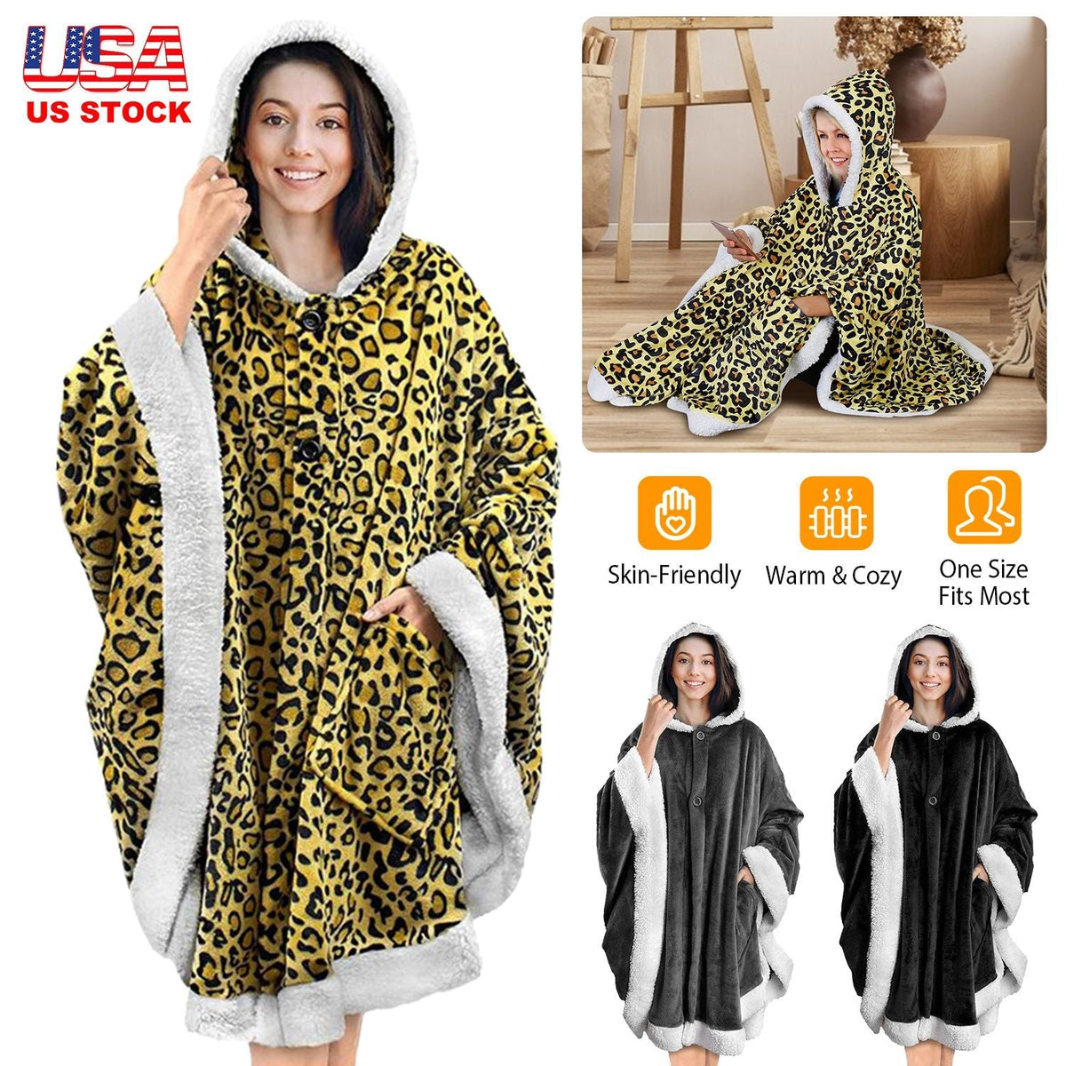 Hoodie Blanket Wrap Wearable Hoodie Snuggle Robe Sweatshirt Soft Lined Cuddle Poncho Cape w/ Hat 2 Pockets Buttons