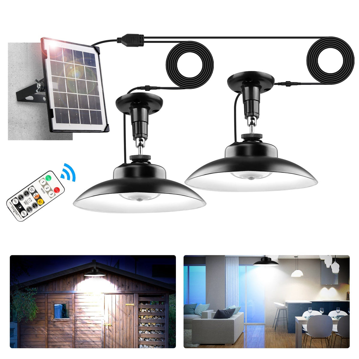 2Pack Solar Shed Lights with Separate Panel Wall Mounted Solar Pendant Light Indoor Outdoor with Remote Timer 3 Modes 3 Light Colors IP 55 Waterproof