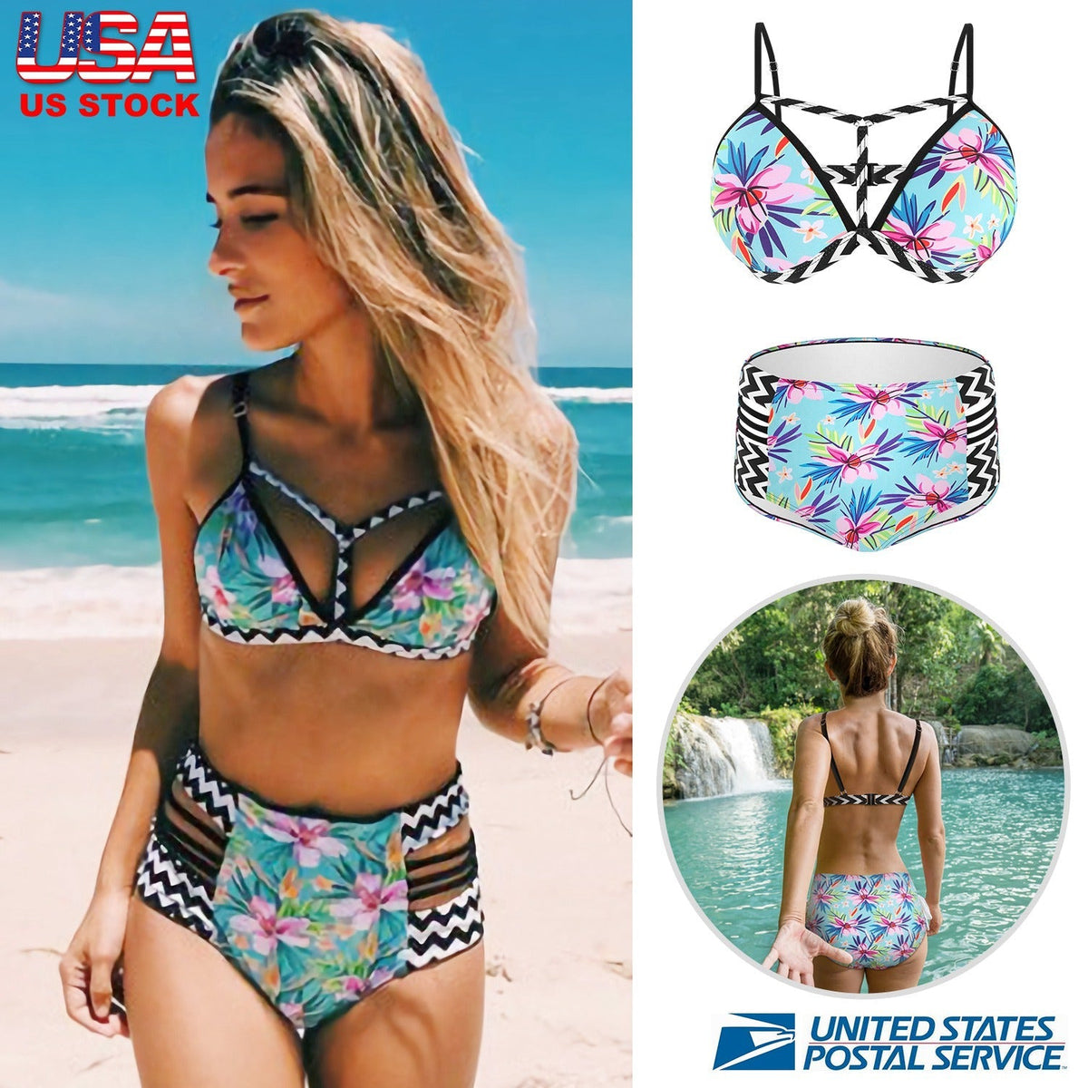 Bikini Swimsuit For Women Floral Padded Push Up Bikini Sets Two Pieces High-Waist Swimwear w/ Adjustable Shoulder Straps For Beach Swimming Pool