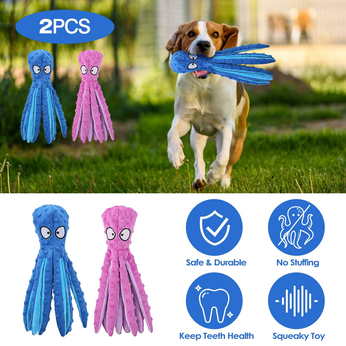 2Pcs Squeaky Dog Toys No Stuffing Crinkle Plush Octopus Dog Teething Toy Interactive Dog Toy Dog Training Toy For Puppy Small Medium Large Dog
