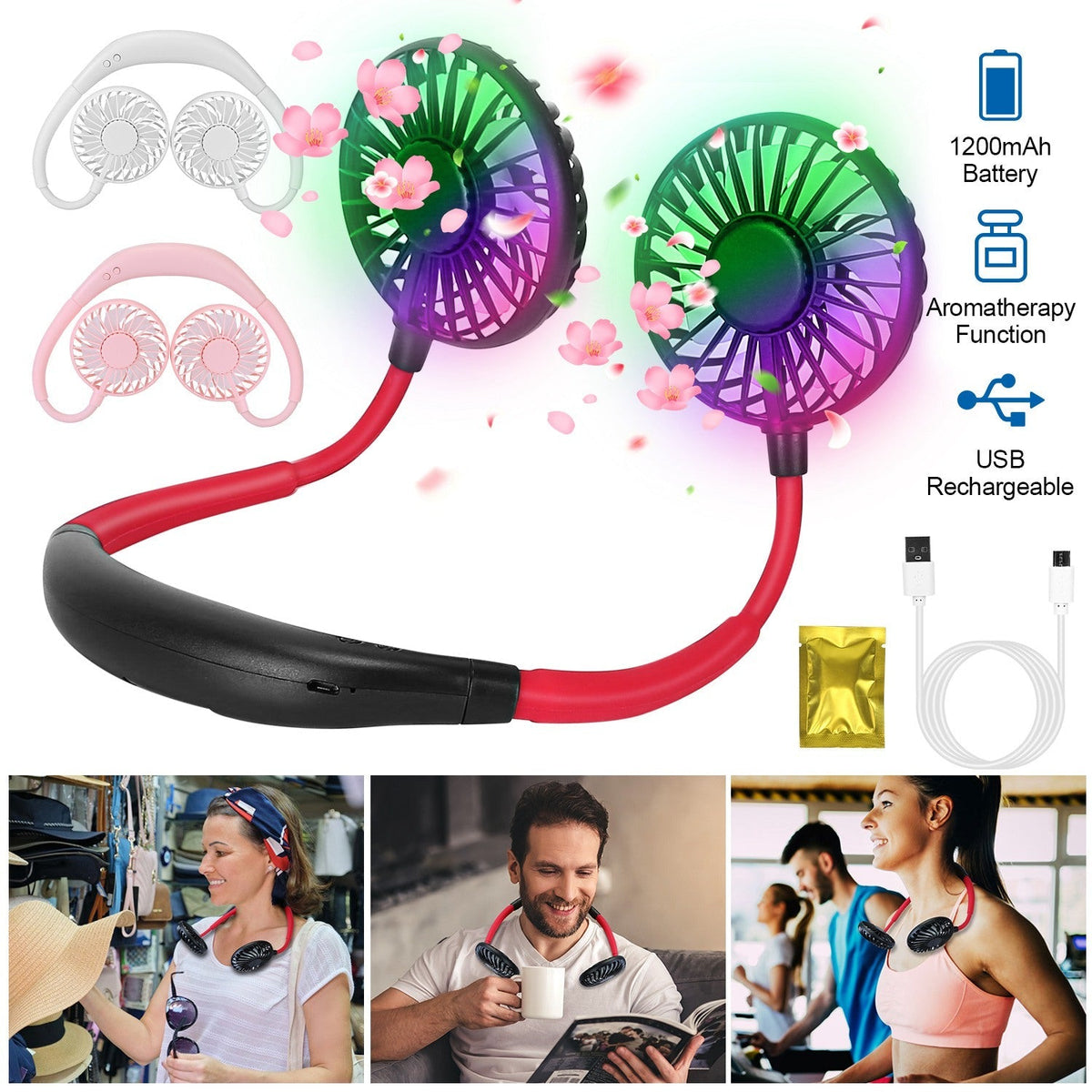 Neck Hanging Fan Hand Free Portable Aromatherapy USB Fans 360¡Rotatable Rechargeable Dual Cooling Fans w/Color Changing Led