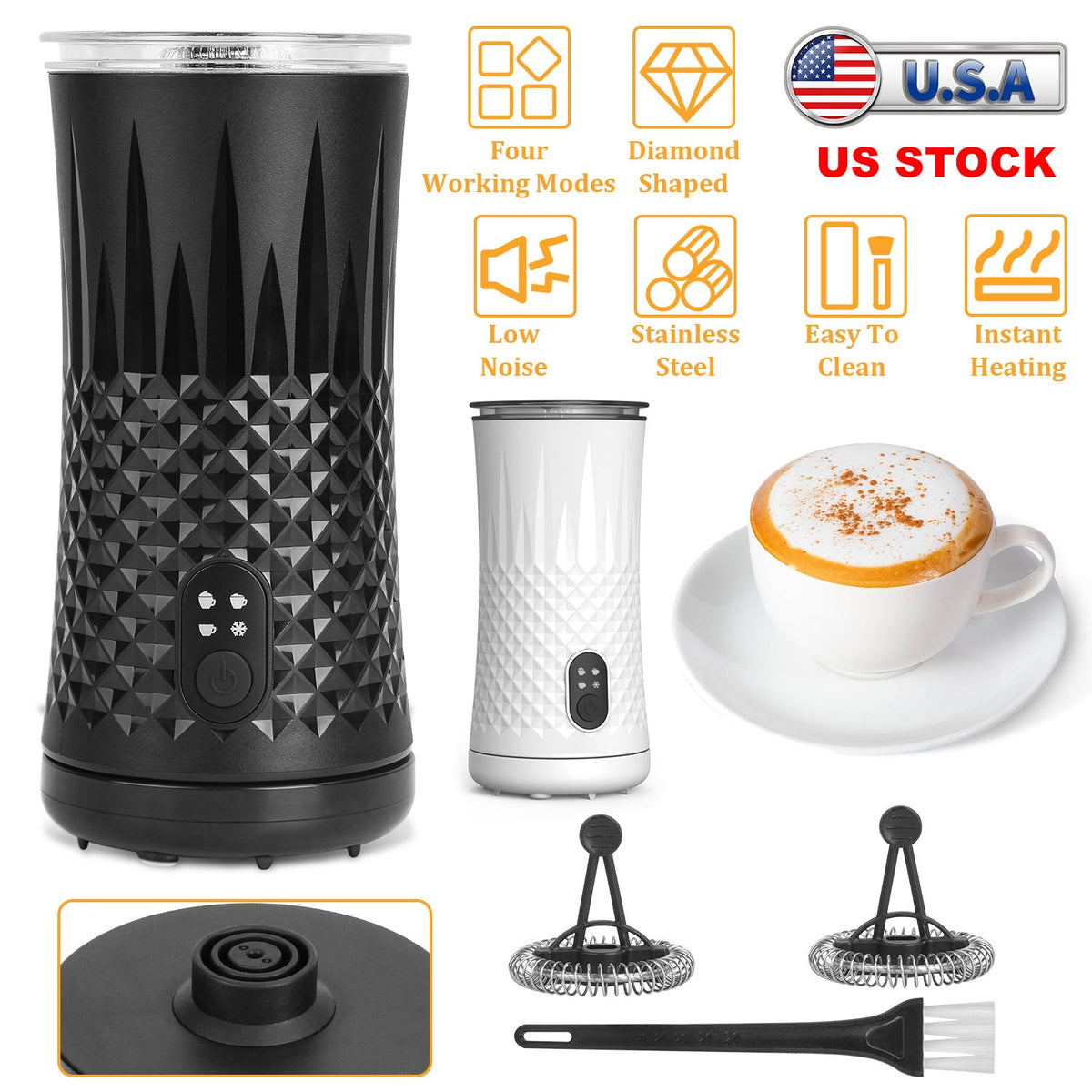 Electric Milk Frother Steamer 4 in 1 Multifunctional Hot Cold Milk Foam Maker Temperature Control Automatic Quiet Milk Warmer Latte Cappuccinos Diamon
