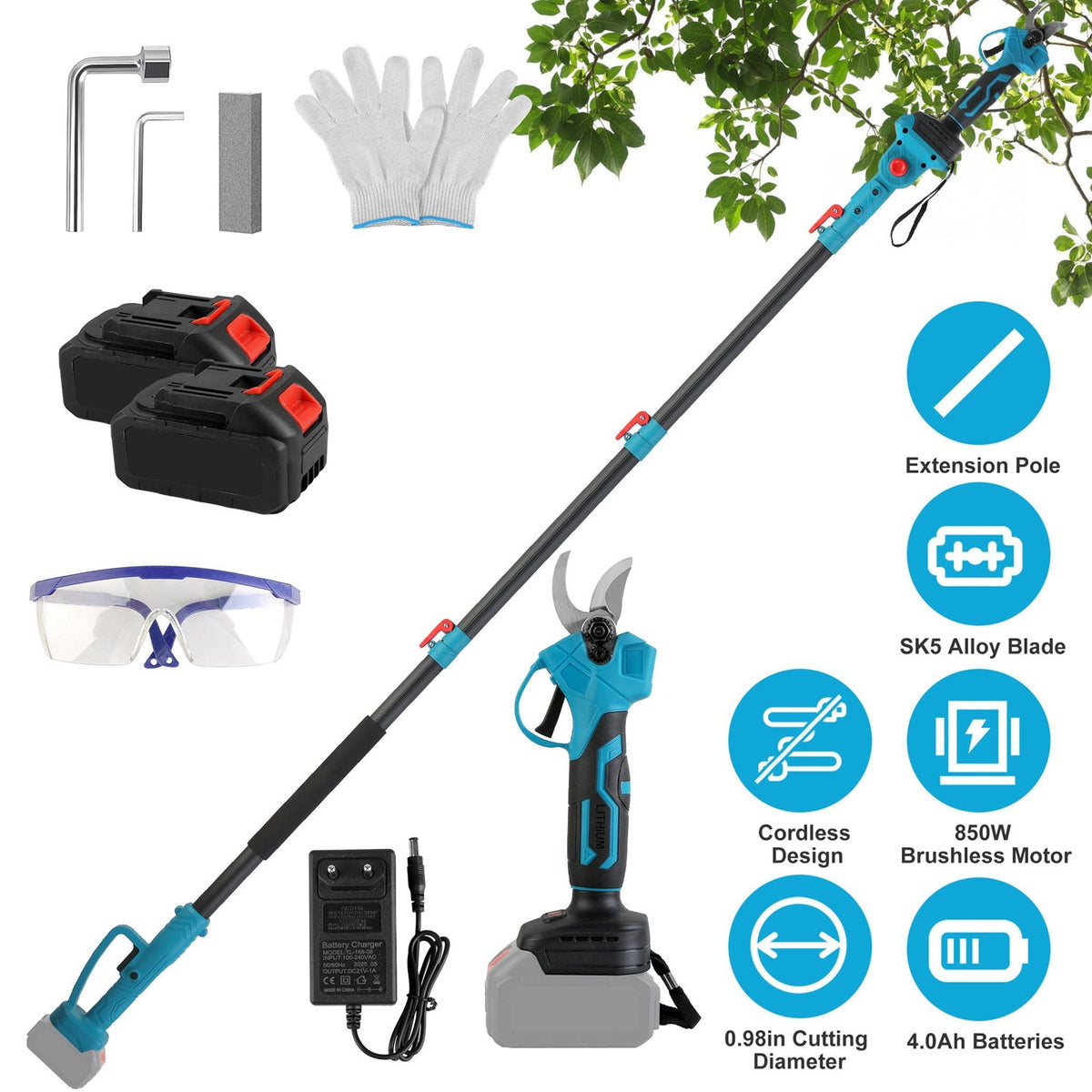 2-In-1 Electric Pruning Shear with Extension Pole 21V 4.0Ah Batteries Powered Cordless Pruner Reach 13FT High 0.98in Cutting Diameter for Tree Trimmin
