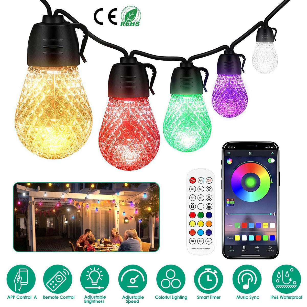 52.5FT Colorful Outdoor String Lights Smart RGB LED Patio Lights IP66 Waterproof Dimmable Hanging Light Bulbs with APP/ Remote Control 15 Bulbs