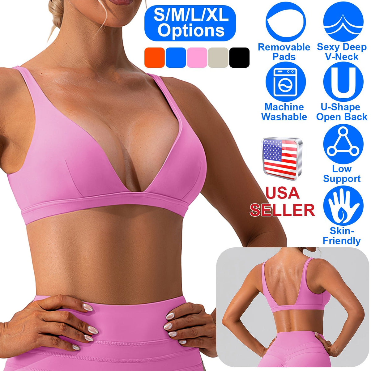 Women Deep V-Neck Sports Bras U-Shaped Back Sport Bras Padded StrappyÊCrop Open Back Low Impact Bras SexyÊFitnessÊTank Tops with Removable Pads for Gy