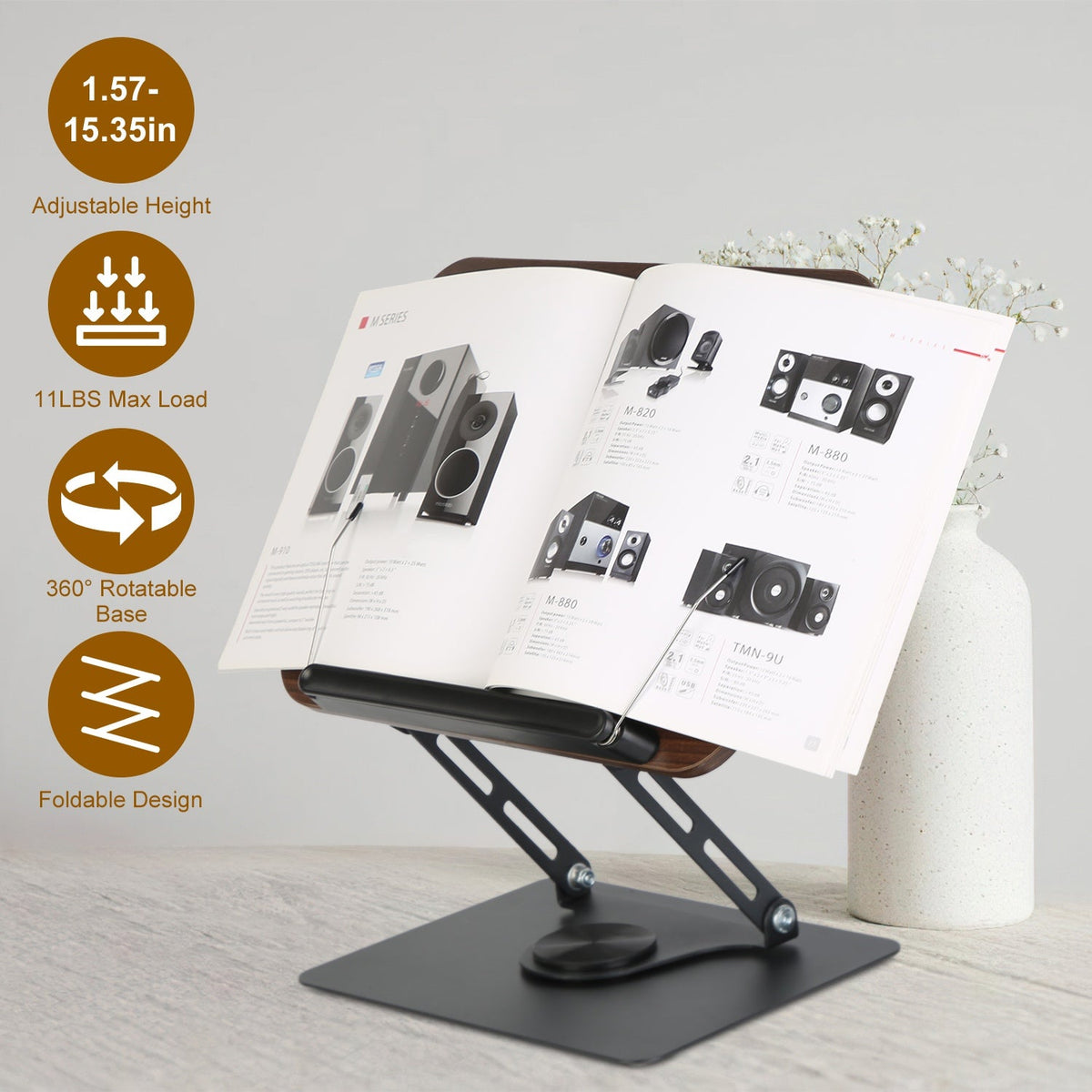 Book Stand for Reading Foldable Wood Book Holder Reading Rack Paper Stand with Adjustable Height 360¡ Rotatable Base Dual Paper Clips for Book Sheet M