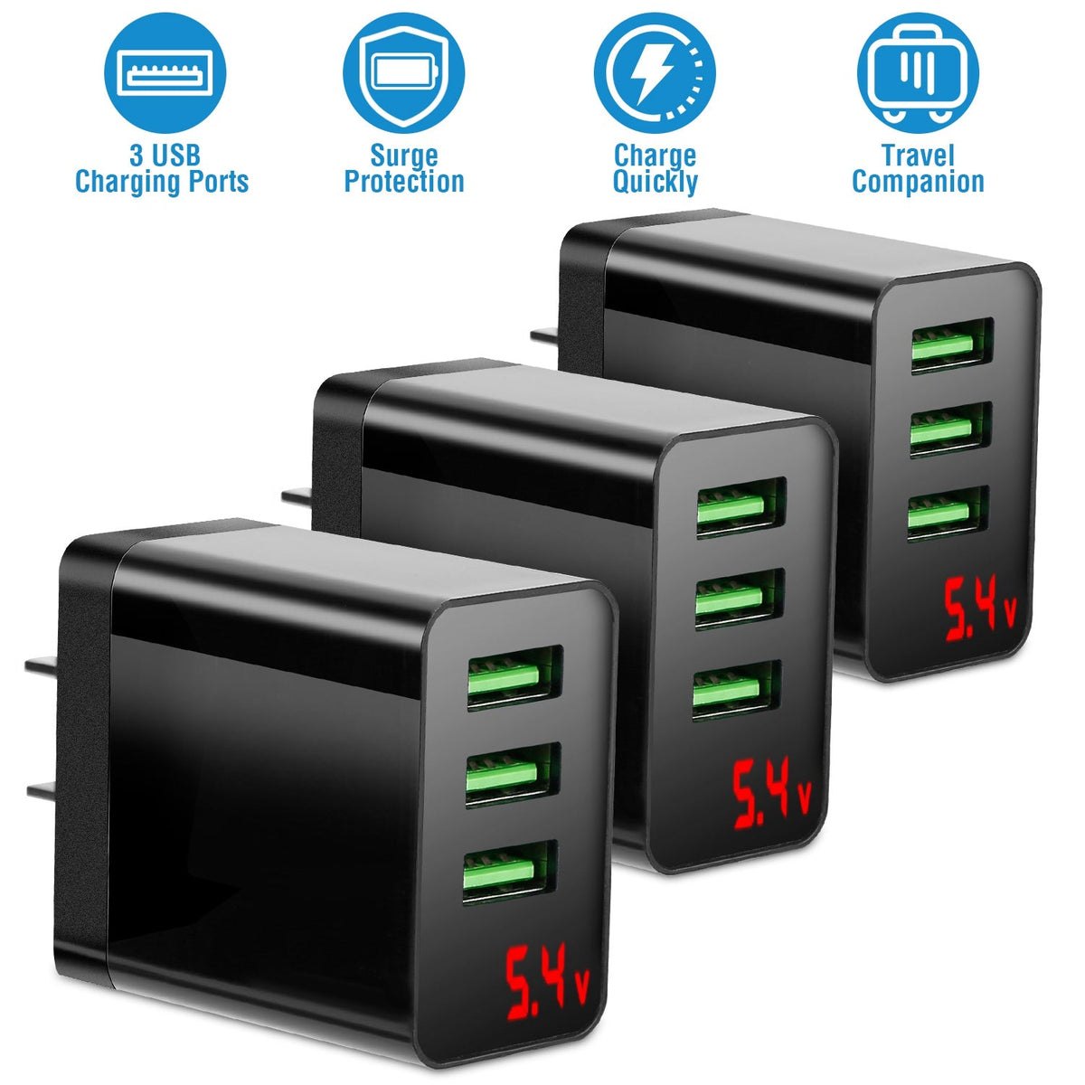 3 Packs 3-Port USB Wall Charger USB Hub Charger Wall Power Charging Plug Adapter Fit For Samsung Galaxy S9/S8 Note 8/9 iPhone Pad Tablet and More USB