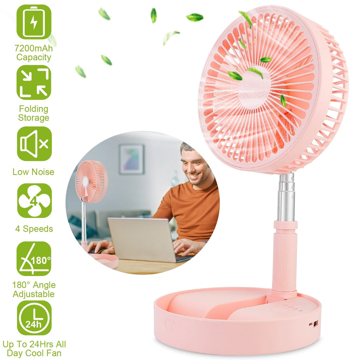Portable Folding Desk Table Fan Quiet USB Rechargeable Telescopic Standing Floor Fan w/ 4 Speeds Adjustable Height 180¡ Tilting Angle For Office Home