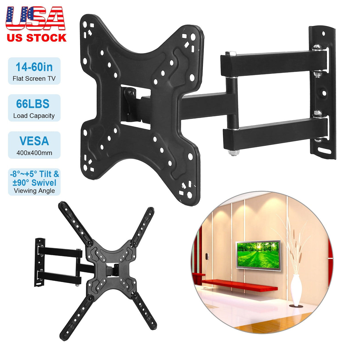 Fixed TV Wall Mount Bracket for 14-60in LED/LCD/PLASMA Flat TV VESA 400x400mm -8¡~+5¡ Tilt ±90¡ Swivel