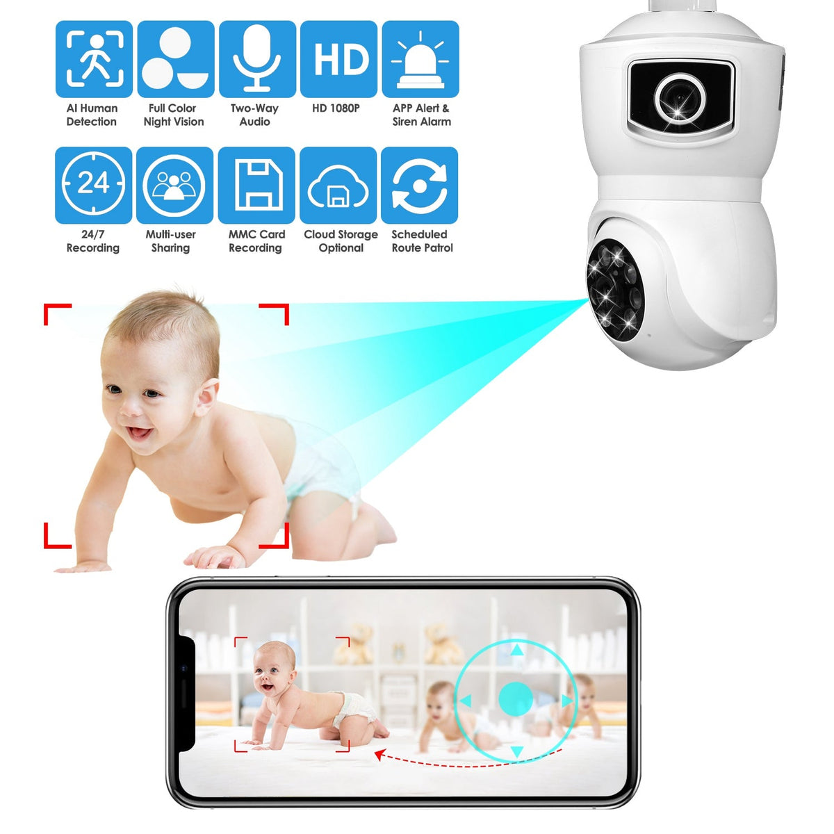 Dual Lens Security Camera E27 Light Socket Surveillance Camera 1080P WiFi IP Camera with APP Control AI Human Detection Full Color Night Vision Two-Wa