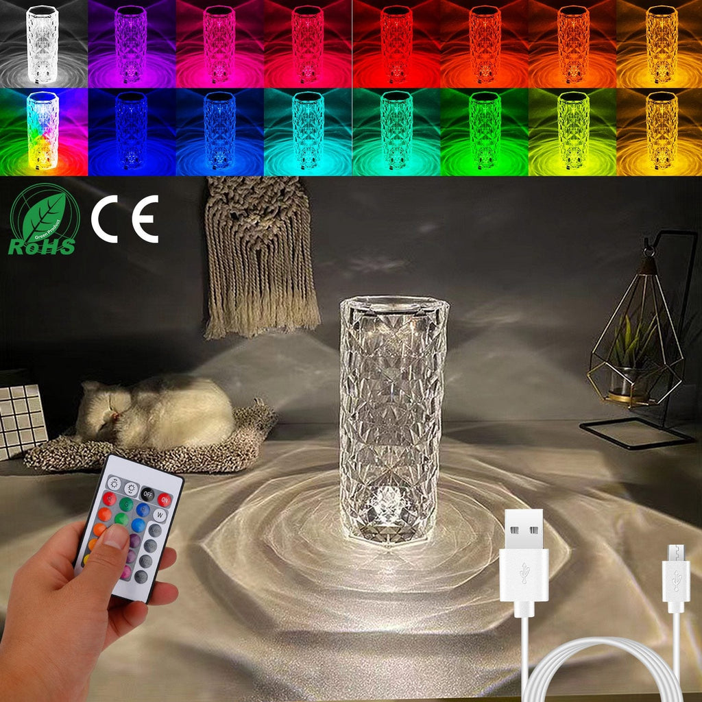 Crystal Diamond Rose Table Lamp Dimmable Remote Touch Control Beside LED Night Light Rechargeable 16 Color Change Atmosphere Bar Lamp