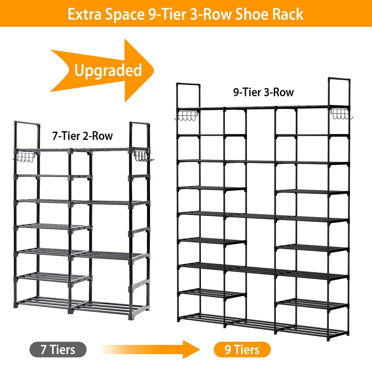 9 Tiers Shoe Rack Metal Shoe Storage Shelf Free Standing Large Shoe Stand 50-55 Pairs Shoe Tower Unit Tall Shoe Organizer with 2 HooksÊfor Entryway Cl