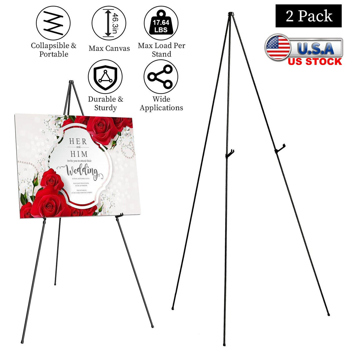 2 Pack Easel Stand for Display 61in Collapsible A Frame Tripod Easel Iron Alloy Drawing Stand with 2 Carry Bags for Wedding Poster Art Drawing Meeting