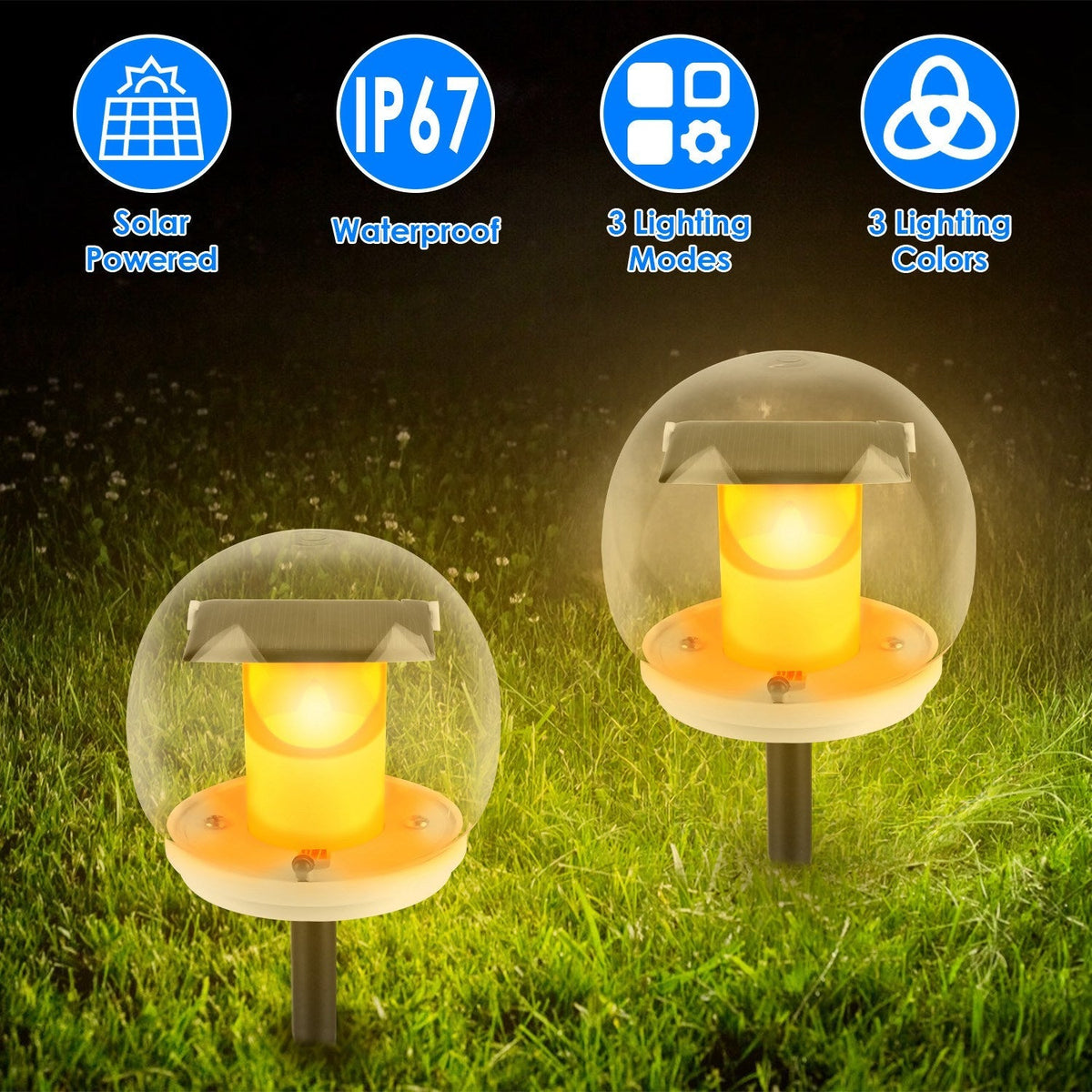 2Pcs Solar Floating Pool Lights Solar Flame Stake Lights IP67 Waterproof Outdoor Globe Ball Lights With 3 Lighting Colors Modes For Pool Garden Patio