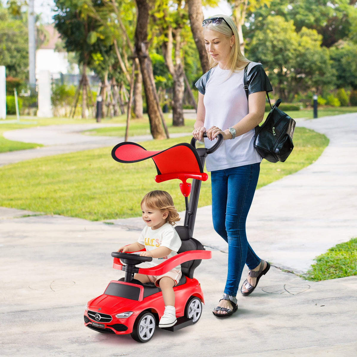 3-in-1 Ride on Push Car Mercedes-Benz Licensed Sliding Car with Canopy-Red