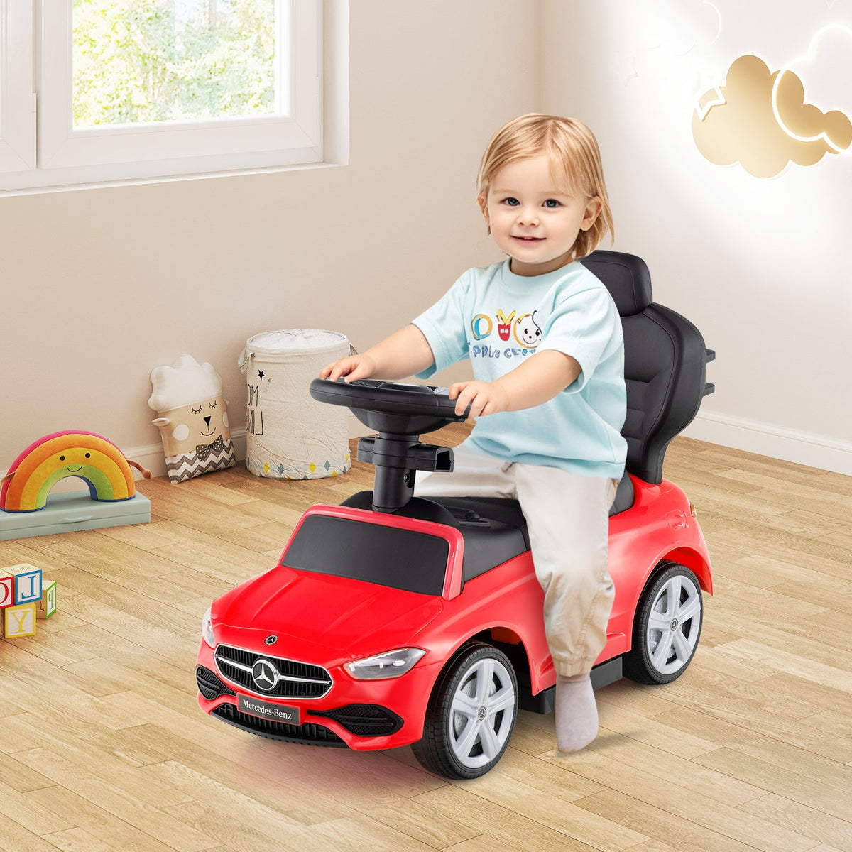 3-in-1 Ride on Push Car Mercedes-Benz Licensed Sliding Car with Canopy-Red