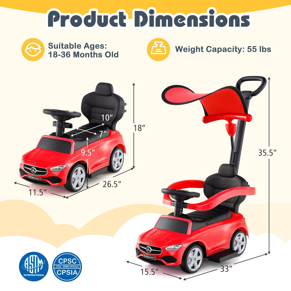 3-in-1 Ride on Push Car Mercedes-Benz Licensed Sliding Car with Canopy-Red