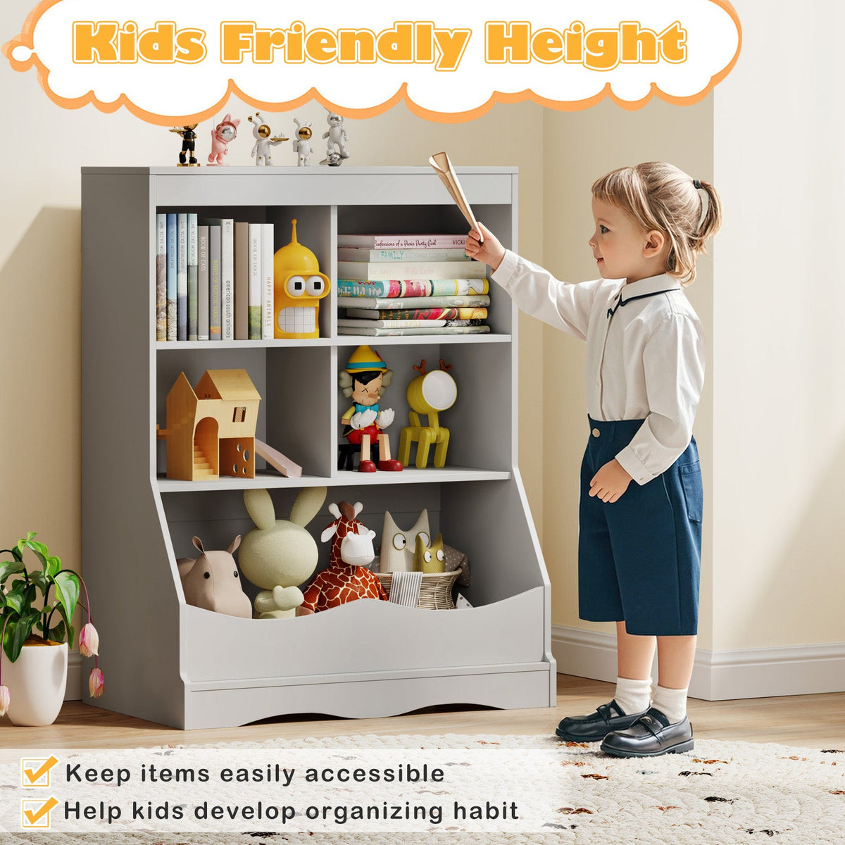3-Tier Children's Multi-Functional Bookcase Toy Storage Bin Floor Cabinet-Gray