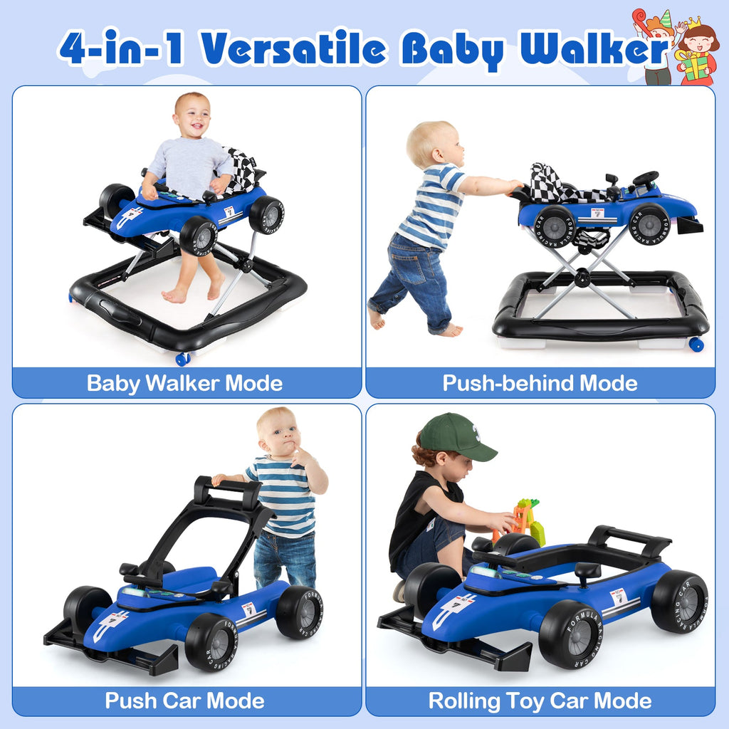 4-in-1 Baby Push Walker Activity Center Height Adjustable with Music Box-Blue