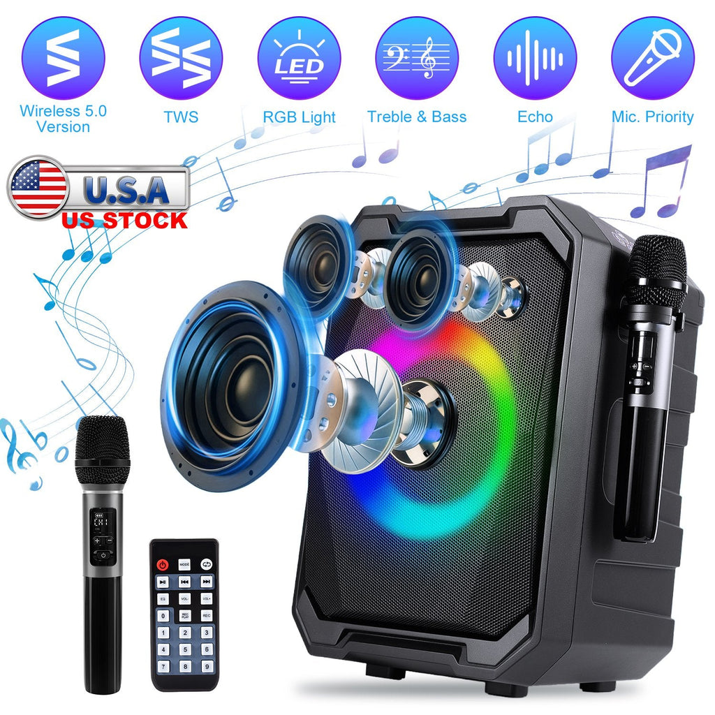 Portable Wireless Party Speaker | LED Lights, 2 Wireless Mics, Remote, TWS & Guitar Input