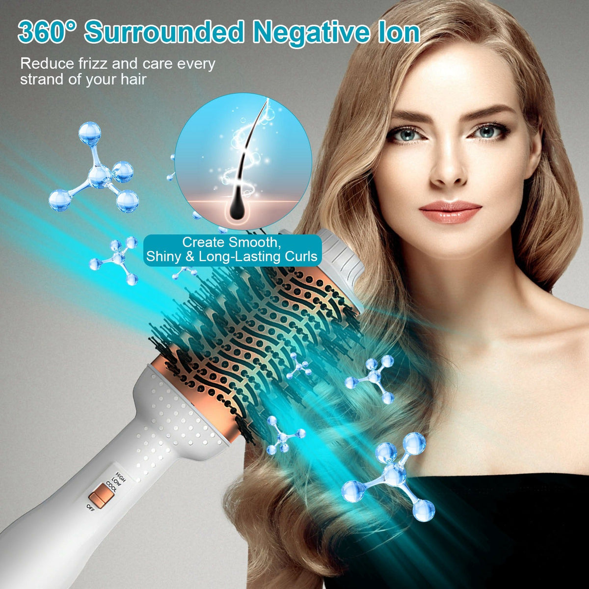 4 In 1 Hair Dryer Brush Curling Brush Hair Styler Volumizer Straightener Negative Ion Anti-frizz Hot-Air Hair Brush for All Hair Types Black White