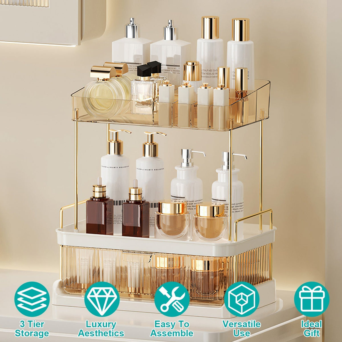 3 Tier Makeup Organizer for Vanity Large Capacity Skincare Shelf Bathroom Countertop Organizer with Drawer for Lipsticks Lotion Toner Perfumer Masks
