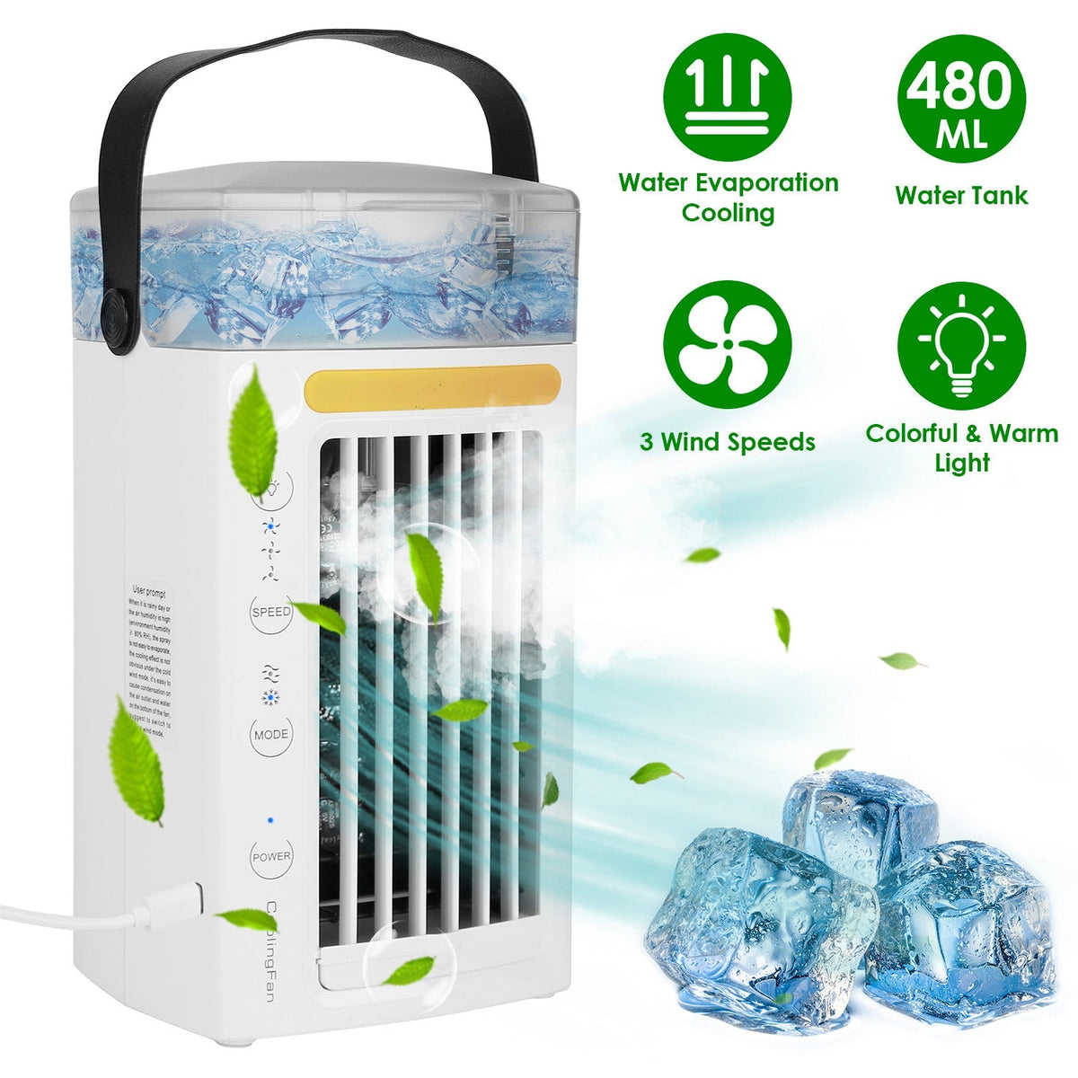 4 In 1 Portable Air Conditioner Fan Evaporative Air Cooler Water Mist Cooling Fan for Desktop 3 Speeds Nightlight