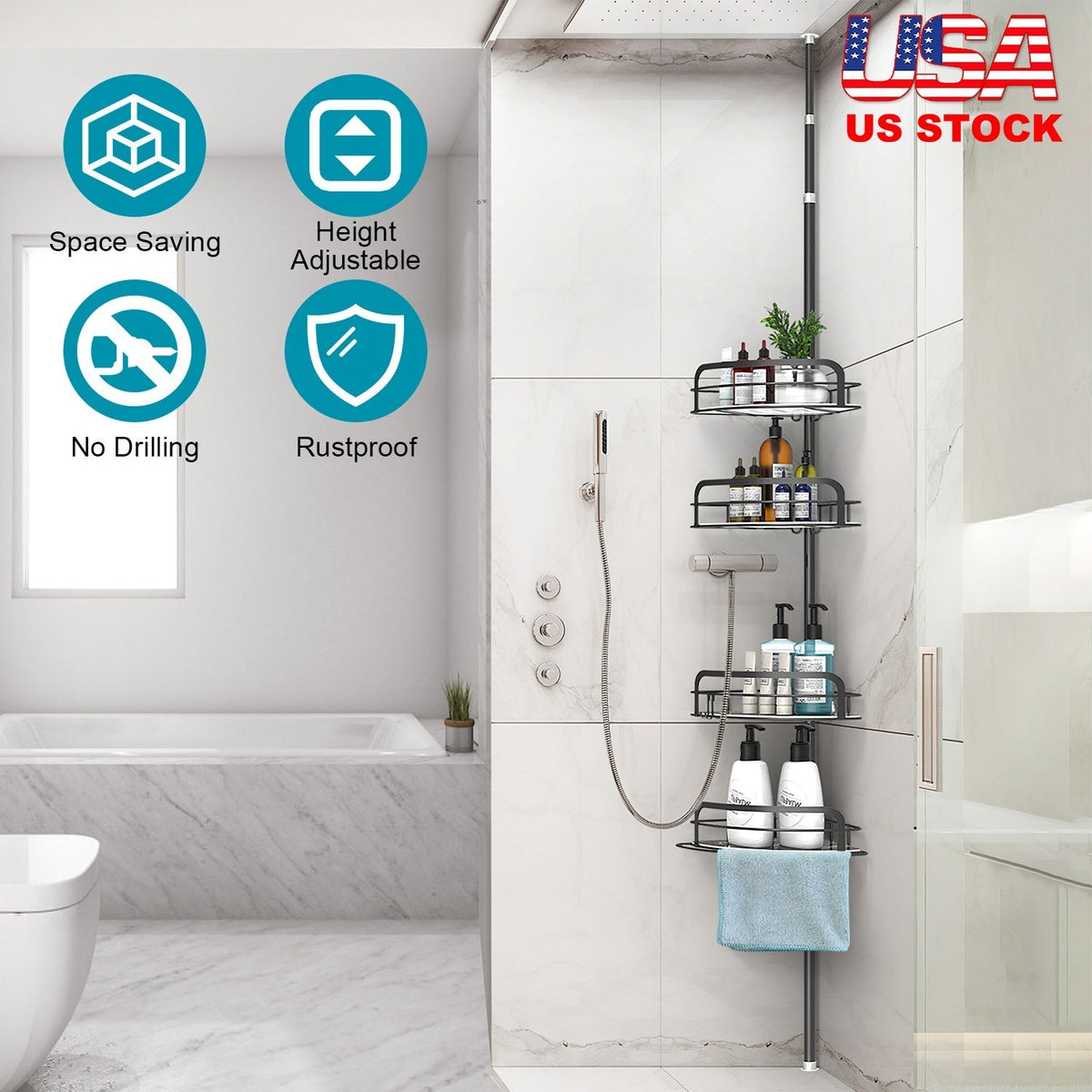 Rust-Resistant Corner Shower Caddy For Bathroom 4 Height Adjustable Shelves With Tension Pole Towel Bar Hanging Hook Floor Standing Bath Storage Rack