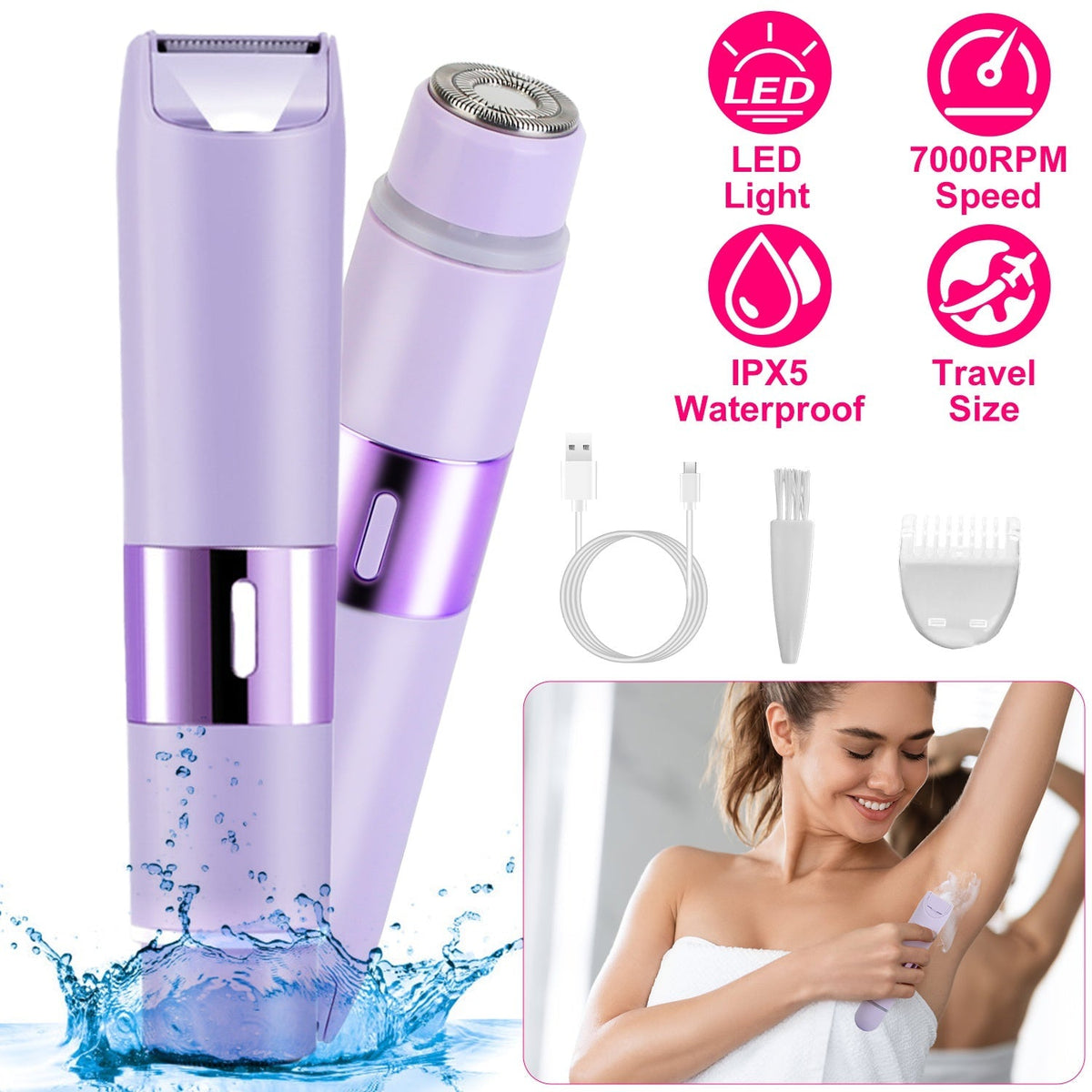 2 In 1 Bikini Trimmer for Women Dual Head Cordless Body Shaver IPX5 Waterproof Rechargeable Pubic Hair Razor Wet And Dry Use for Bikini Underarm Leg A