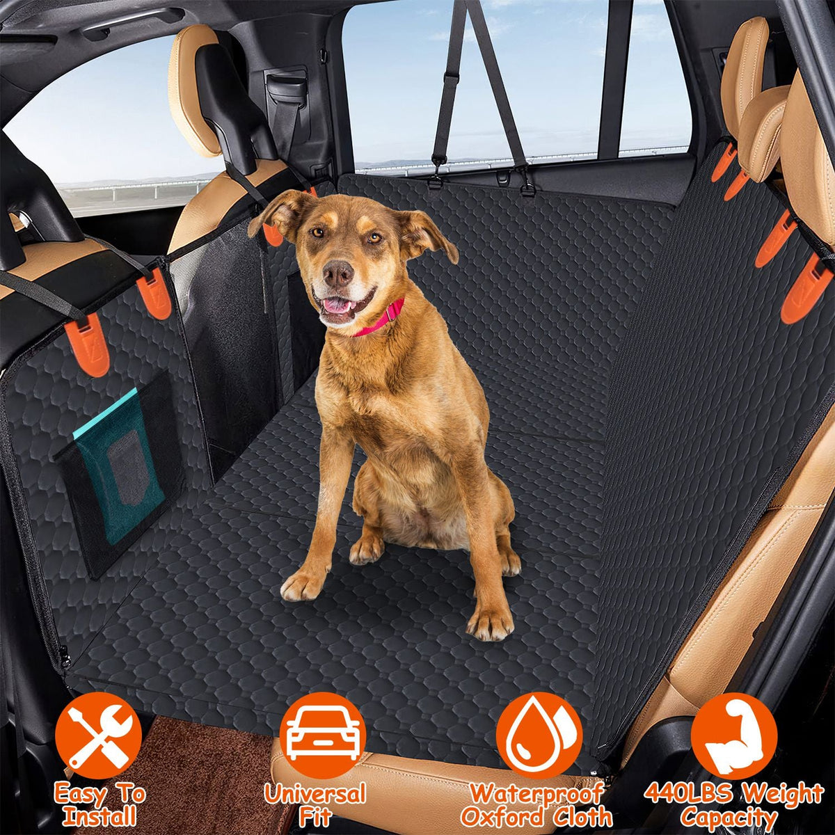 Dog Car Back Seat Cover With Zipper Mesh Window Storage Bags Waterproof 600D Oxford Cloth Car Seat Protector With Slide Flaps For Cars Trucks SUVs