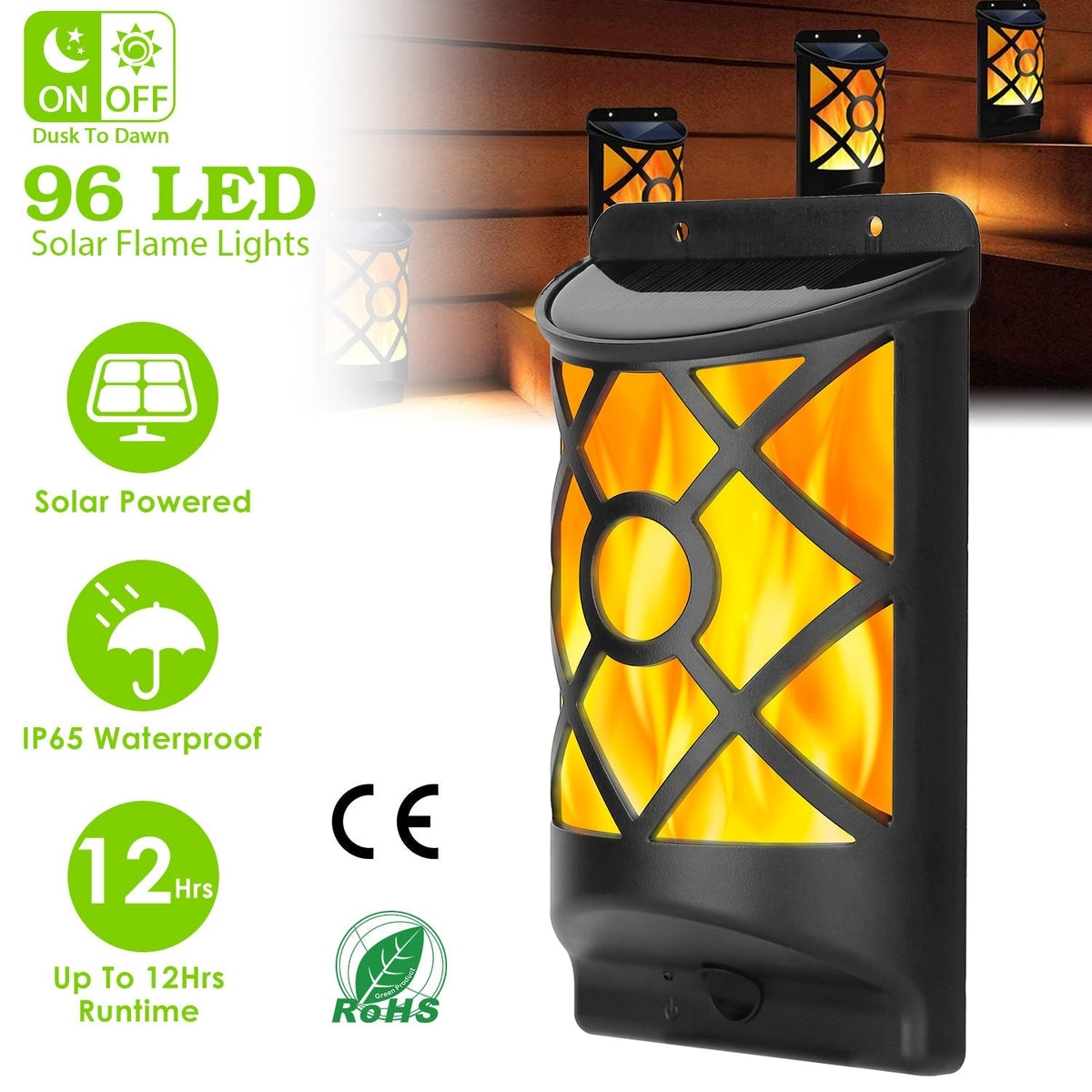 Flame Solar Lights Outdoor 96 LEDs Waterproof Flickering Flame Wall Mount Lamp Auto On Off Sensor Decorative Landscape Night Lamp For Deck Patio Yard