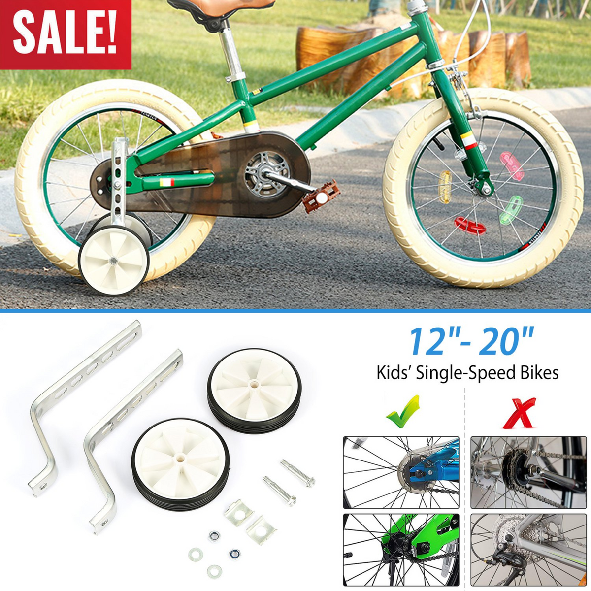 Bicycle Training Wheels Adjustable Kids Children Bike Stabilizer Wheel for 12"- 20" Bike