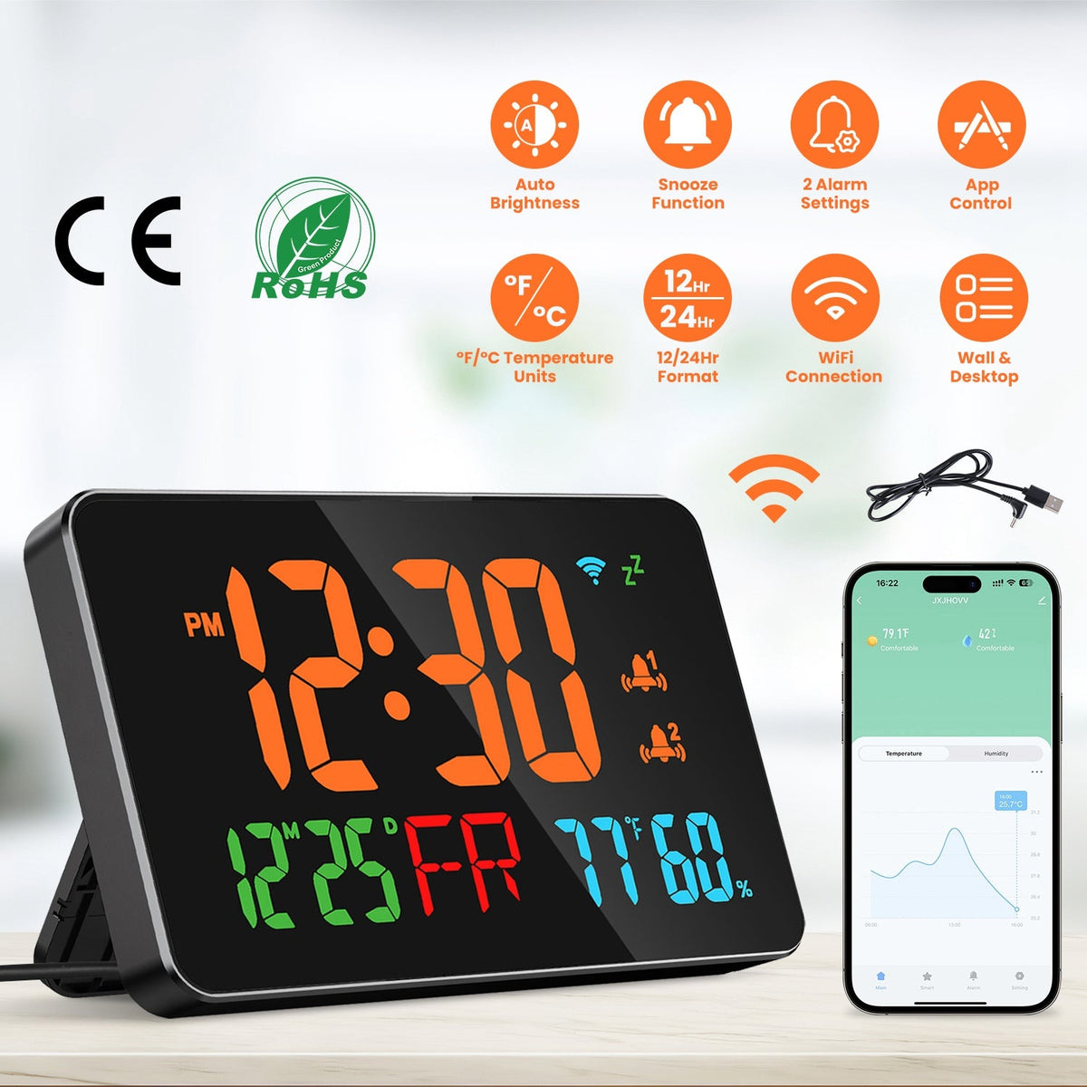 WiFi Auto Set Alarm Clock LED Digital Clock With 2 Alarm Setting Snooze 4 Brightness Levels Auto Light Sensing Temperature Humidify Monitor App Contro